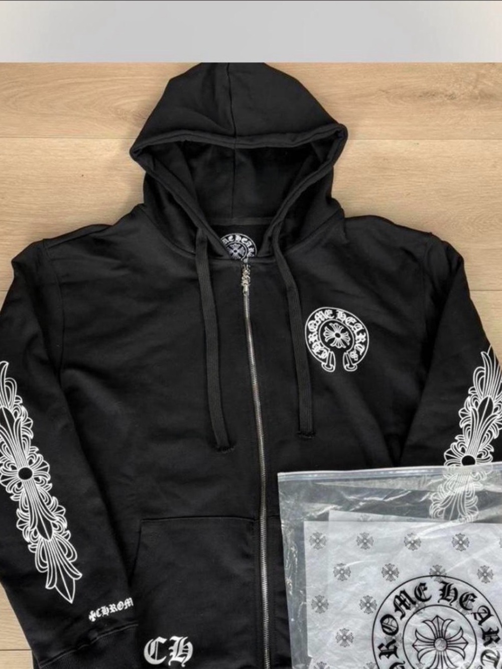 Chrome Hearts Black Zip Front Hoodie with White Cross Graphics